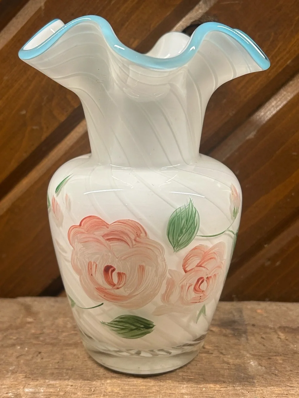 Vintage Fenton for Teleflora Hand-Painted White Optic Swirl Vase